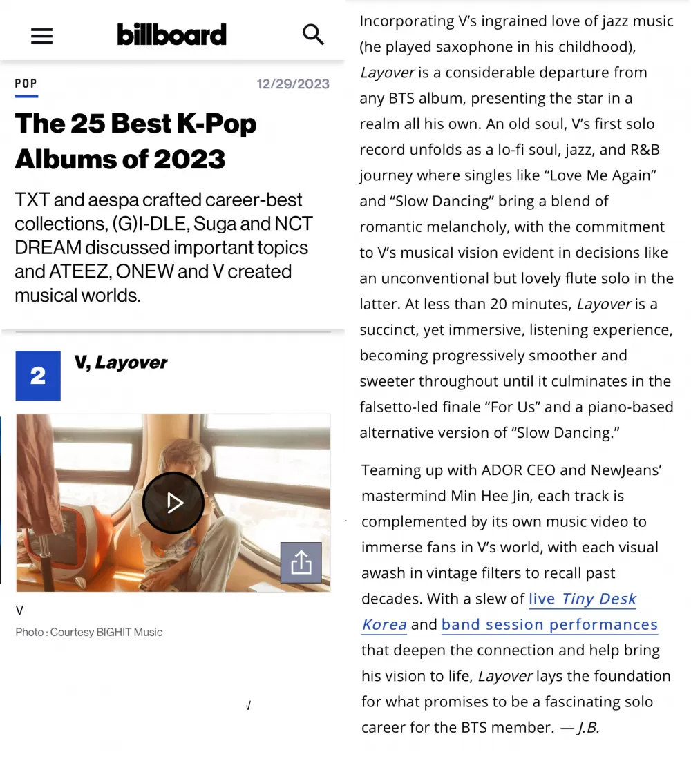 Billboard : Album "Layover" adalah Album K-pop Terbaik Kedua 2023. Karakter Special V Terkuak dari Personanya Sebagai BTS Hingga Visi Unik Bermusik
