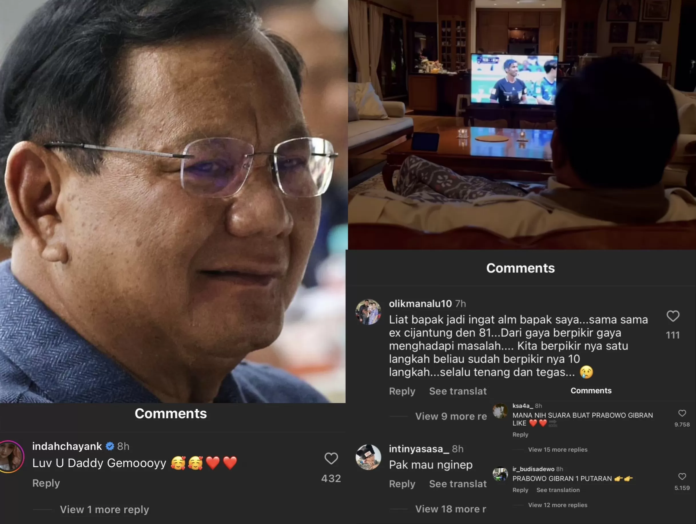 Prabowo Unggah Nonton Timnas Indonesia vs Jepang Sambil Sarungan, Netizen: Persis Bapak Saya