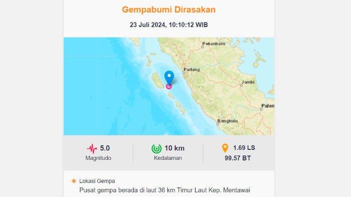 Gempa M 5,0 Guncang Mentawai, Sumbar Pagi Ini, BMKG: Dirasakan di Padang, Pariaman hingga Agam